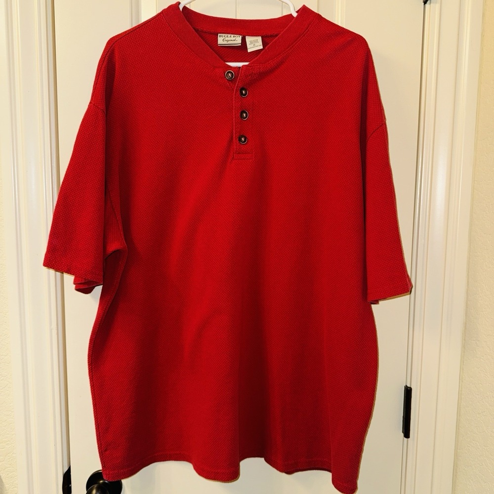 Vintage Bugle Boy Original Henley Shirt Red Waffle Knit Made in USA XL 90s Y2K